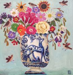 a painting of flowers in a blue vase with birds flying around it on a blue background