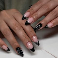 35 Chic Black Nails & Black Nail Designs You'll Obsess Over Black Almost Nails, Black Simple Nail Art, Black Almond Nails Designs Ideas, Black Spiral Nails, Nail Inspo For Black Dress, Black Concert Nails, Black Nails Inspo Aesthetic, Black And Silver Almond Nails, Black And Pearl Nails