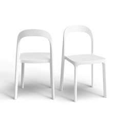 two white chairs sitting next to each other on a white surface with one chair facing the other