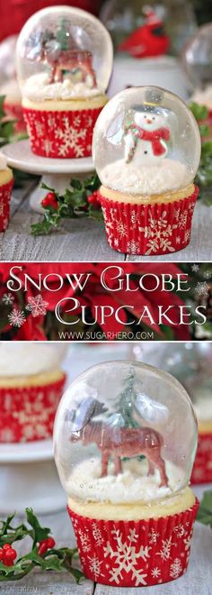 snow globe cupcakes are decorated with red and white frosting