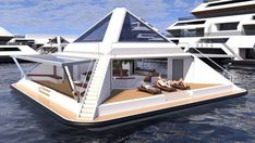 a rendering of a houseboat floating in the water