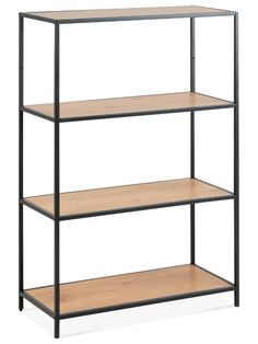 three tiered shelving unit with wood top and metal frame, in black finish