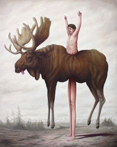 a painting of a man standing on top of a moose's back with his arms in the air