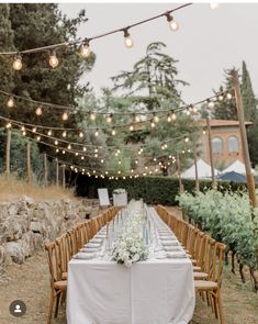 a long table set up with white linens and lights strung from the trees in the background