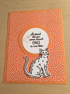 an orange and white card with a cat on it's side, saying i love you