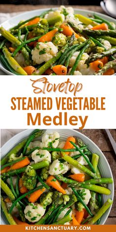 a plate with broccoli, cauliflower and carrots on it next to a bowl of steamed vegetable medley