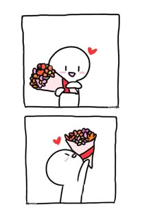 two cartoon images with one holding flowers and the other saying i love you