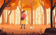 a woman is walking her dog in the woods with an umbrella over her head,