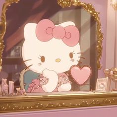 a hello kitty holding a heart in front of a mirror