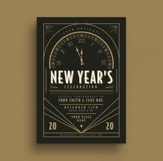 the new year's celebration flyer is shown in black and gold with a clock on it