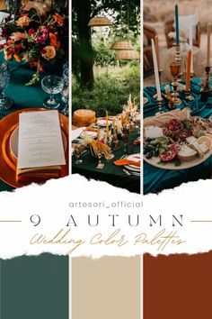 an autumn wedding color palette with orange, teal, and gold accents on the table