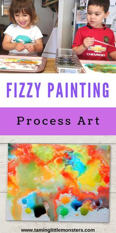 two children are painting with the words fizzy painting process art on top of them