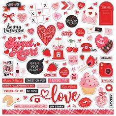 valentine's day stickers are shown in red, white and pink colors with the words i love you