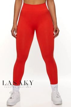 Lasaky - High-Quality Athletic Set: Womens Seamless Yoga Leggings with Butt Lift, Sports Bra, and Halter Top Seamless Training Pants, Red Compression Yoga Leggings, Red Compression Yoga Pants, Red Compression Leggings For Yoga, High Stretch Full Length Red Leggings, Red Compressive Full-length Bottoms, Sporty Red Long Activewear Pants, Red Sporty Long Activewear Pants, Sporty Red Long Pants Activewear