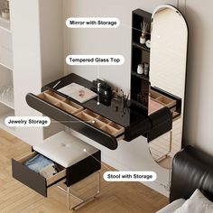 Modern Black Makeup Vanity Set Mirrored Dressing Table with Jewelry Storage & Glass Top Wall Mounted Makeup Table, Wall Mounted Dressing Table, Black Vanity Set, Modern Black Vanity, Black Makeup Vanity, Portable Furniture, Vanity Shelf, Vanity Shelves, Dressing Table Storage