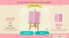 an animal crossing game screen showing the pink panel and other items for sale on it