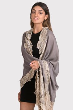 MOUSSE SILK AND WOOL SCARF WITH A SILVER FLORAL LACE BORDER Lace Border, Formal Looks, Women's Wardrobe, Wool Scarf, Every Woman, All Time, Floral Lace, Wool Blend, Must Haves