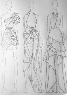 three different dresses are shown on a paper sheet, one is drawn in pencil and the other