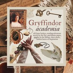 an advertisement for the gryffindor academy on a table with books and other items