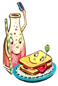 a cartoon character holding a toothbrush next to a sandwich on a plate