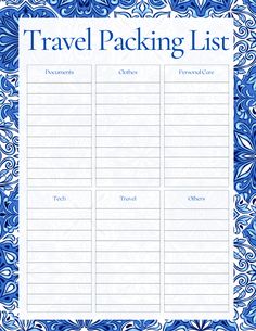 a travel packing list with blue and white designs on the front, in an ornate frame