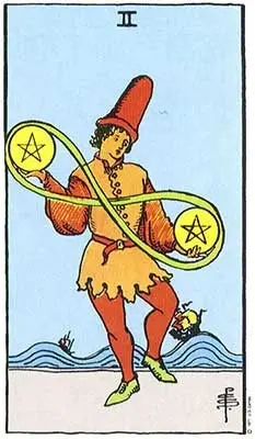 a tarot card with an image of a man holding a circle in his hand