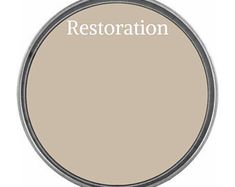 the words restoration are in white letters on a light brown background, and there is an oval