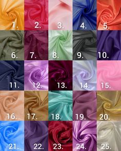 different colors of satin fabric with numbers in the middle