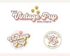 the vintage pup boutique logo is shown in three different colors and font styles, including one for