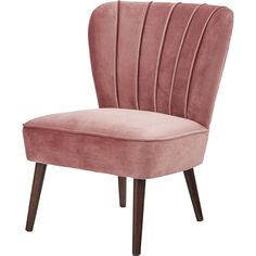 a pink velvet chair with wooden legs and an upholstered back, on a white background