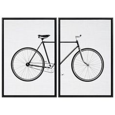 two black and white pictures with a bicycle