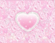 a pink heart surrounded by roses on a pink background with stars and sparkles in the middle