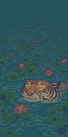 a tiger floating on top of water surrounded by lily pads