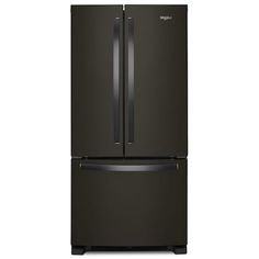 a black refrigerator freezer sitting on top of a white wall