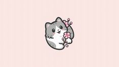 a gray and white cat with pink flowers in its mouth on a light pink background