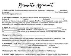 a printable roommate agreement is shown in black and white, with the word roommate on it