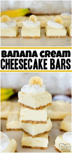 banana cream cheesecake bars stacked on top of each other