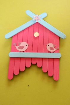 popsicle bird house craft for kids to make with popsicle sticks and construction paper