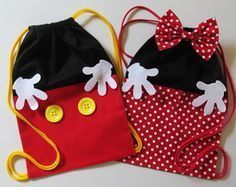 two drawstring bags made to look like mickey mouse ears and minnie mouse ears