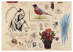 a drawing of a bird and some flowers in a vase with skulls on the wall behind it