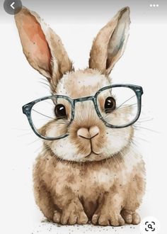 a watercolor painting of a bunny wearing glasses