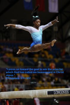 a woman jumping on a beam in the air with a quote above her that reads, i press on toward the goal to win the prize for which god has called me heavenly