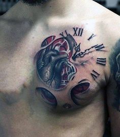 a man with a clock and heart tattoo on his chest