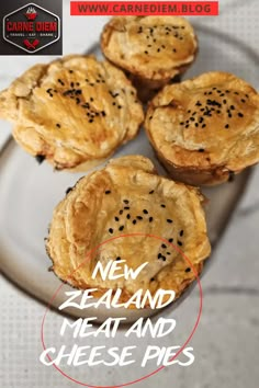 four small meat and cheese pies on a plate with the title new zealand meat and cheese pies