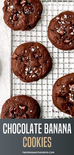 chocolate banana cookies on a cooling rack with text overlay that reads chocolate banana cookies