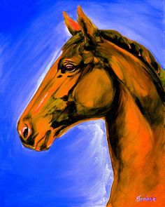 a painting of a brown horse with blue sky in the backgroung background