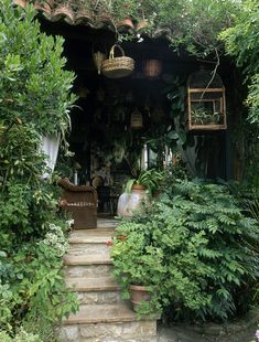 a set of steps leading up to an outdoor area with plants and wicker baskets hanging from the roof