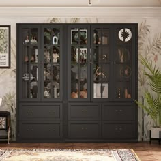 a living room filled with lots of furniture next to a wall mounted clock and plant