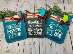 three oven mitts decorated with teacher appreciation messages