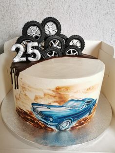 a birthday cake decorated with an image of a car